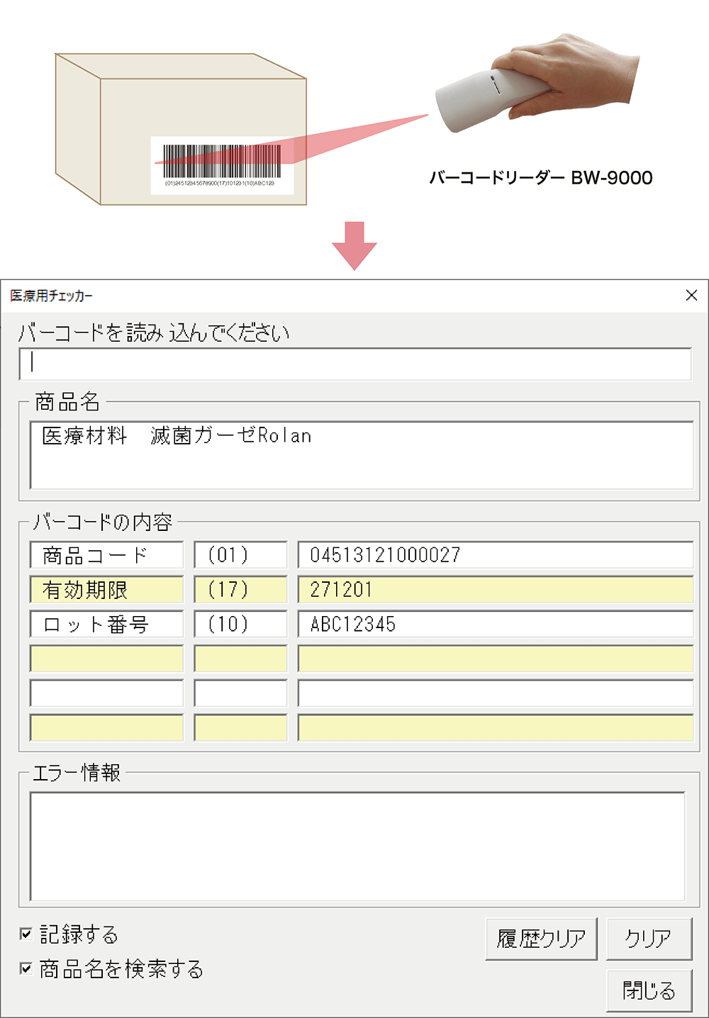 医療用バーコードチェッカーの操作イメージです。
