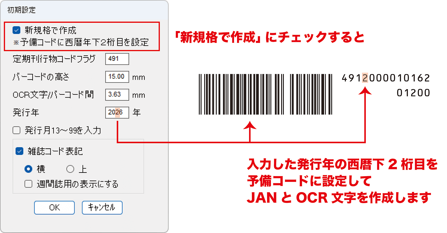 初期設定の「新規格で作成」にチェックすると入力した発行年の西暦下2桁目を予備コードに設定してJANとOCR文字を作成します